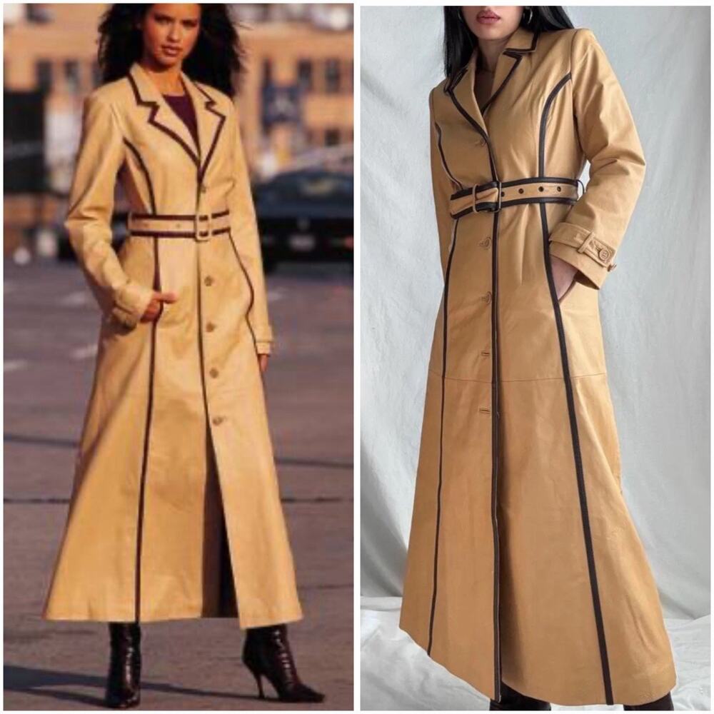 Newport News Adriana Lima 2001 Vintage Leather Maxi Trench Coat M Y2K Beige